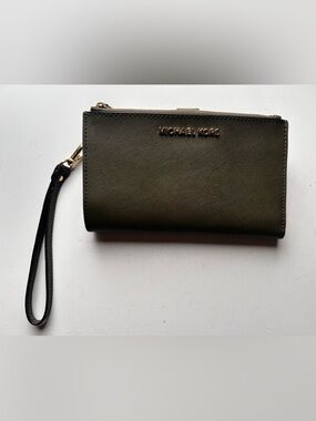 Michael Kors Olive Green Saffiano Wristlet with Black Strap